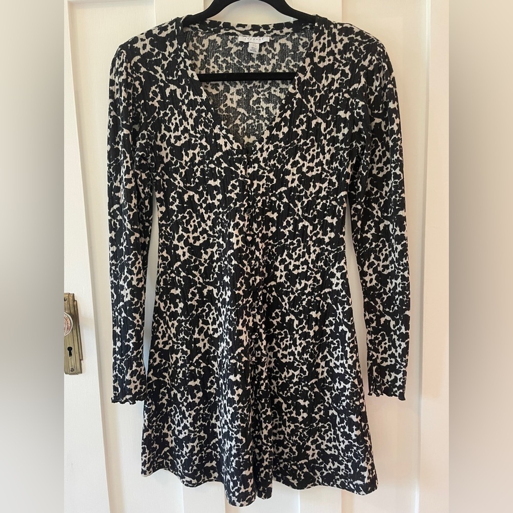 Topshop Cheetah Leopard Rib Knit Long Sleeve Fine Knit Button Front V Neck Dress